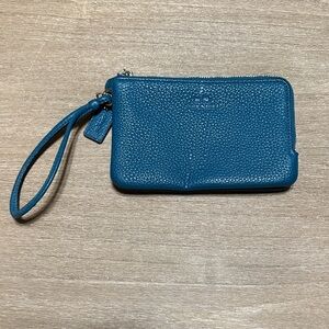 Coach Teal Blue Pebbled Leather Wristlet